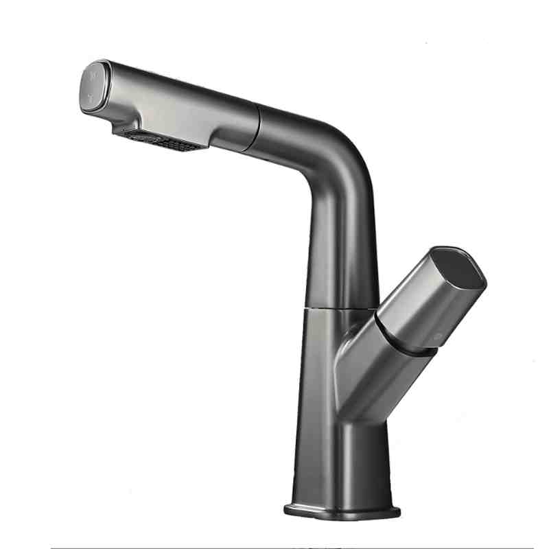 Black copper faucet with lifting, rotating and pulling button surface