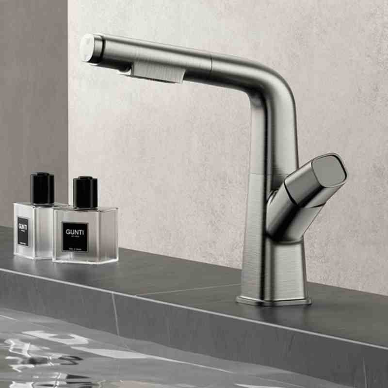 Black copper faucet with lifting, rotating and pulling button surface